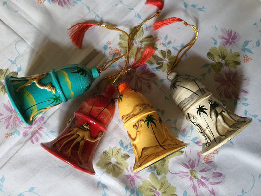 Ceiling decor bells made of paper mache, generally used as Christmas decor for kids desks, handmade jingle bell sets