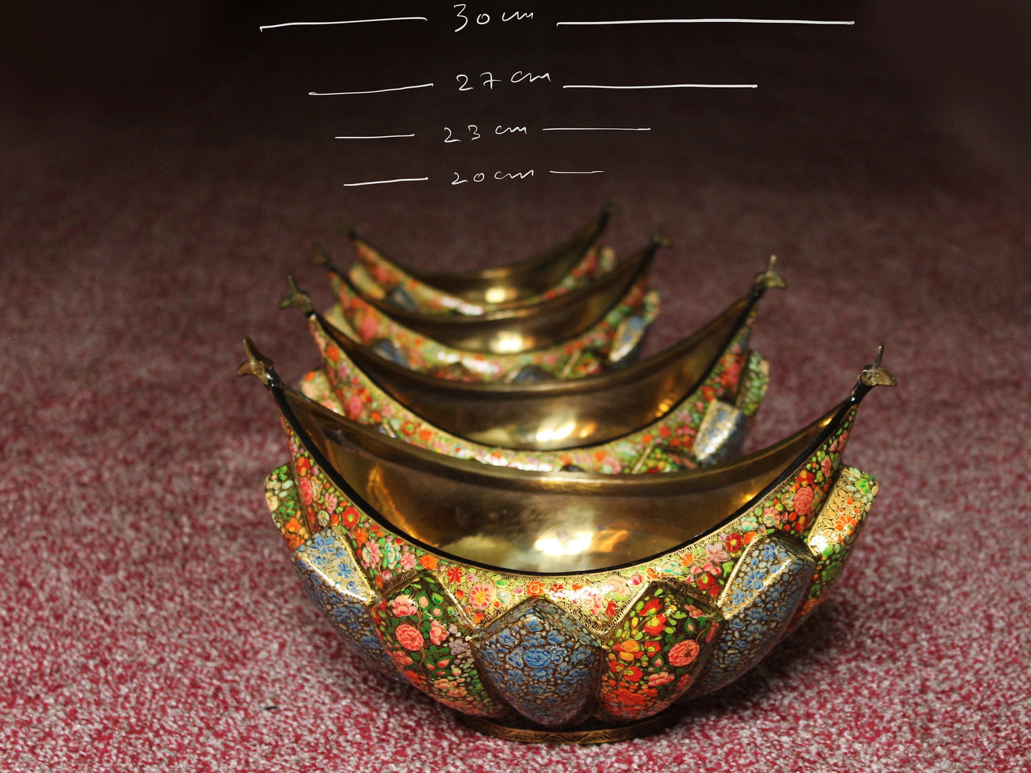 Royal Paper Mache and Brass Fruit Bowl Set with Floral Motifs - Set of 4