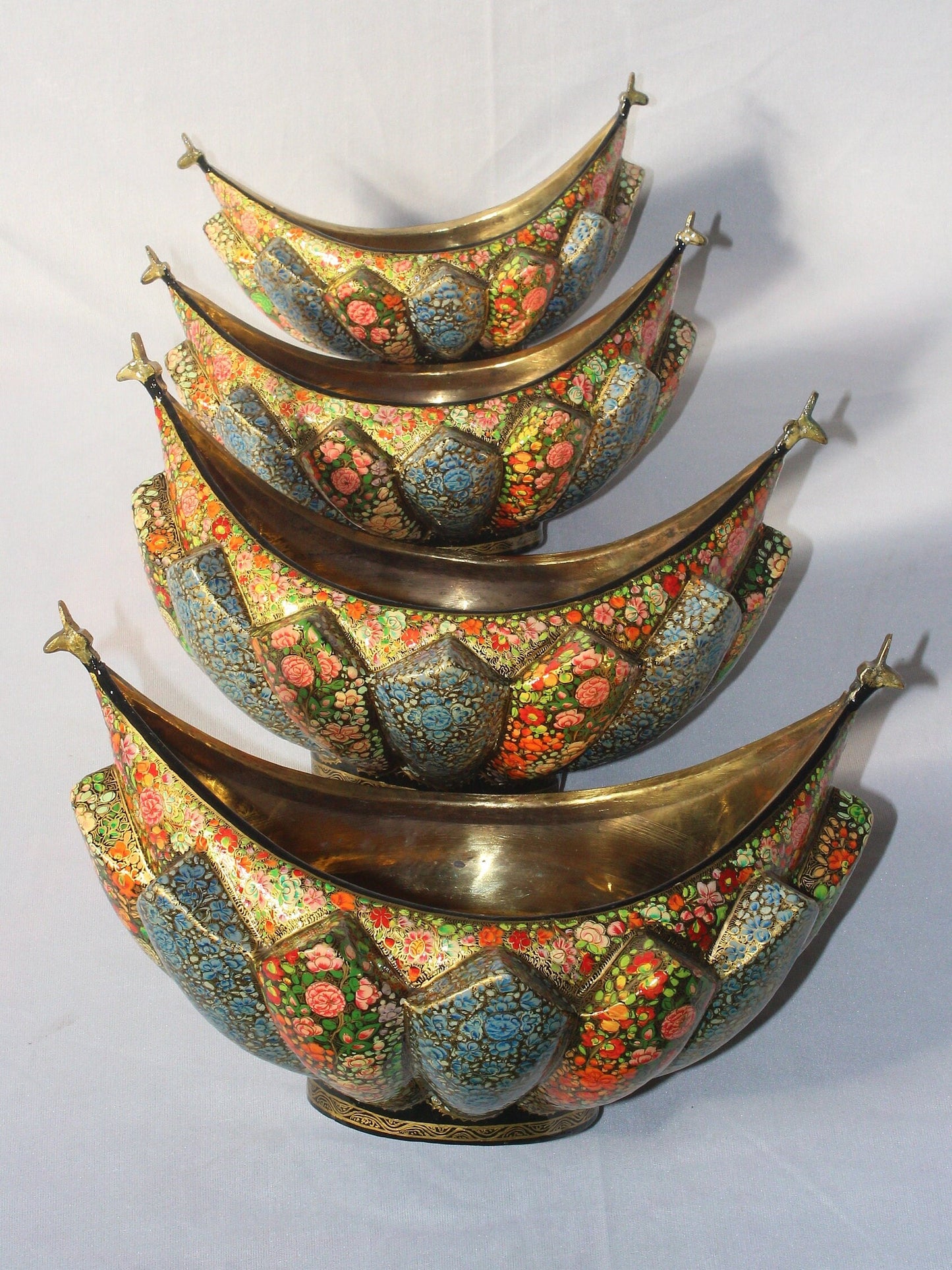 Royal Paper Mache and Brass Fruit Bowl Set with Floral Motifs - Set of 4