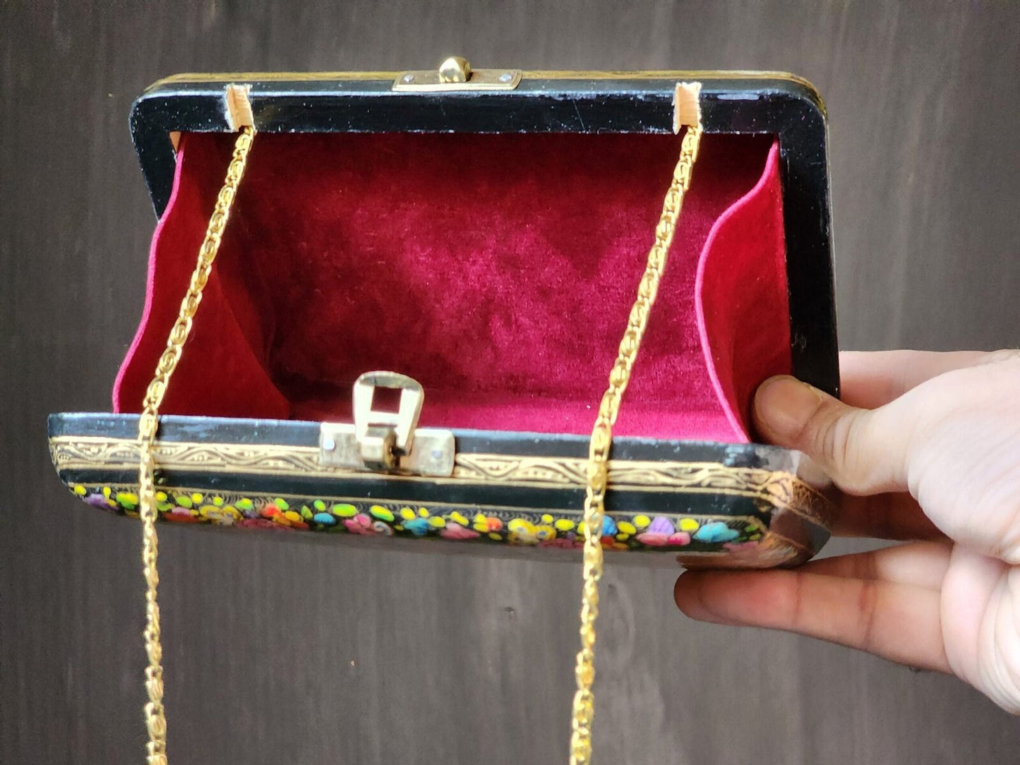 Clutch-Handmade Kashmir Paper Mache Clutch with Hazara Floral Lacquered