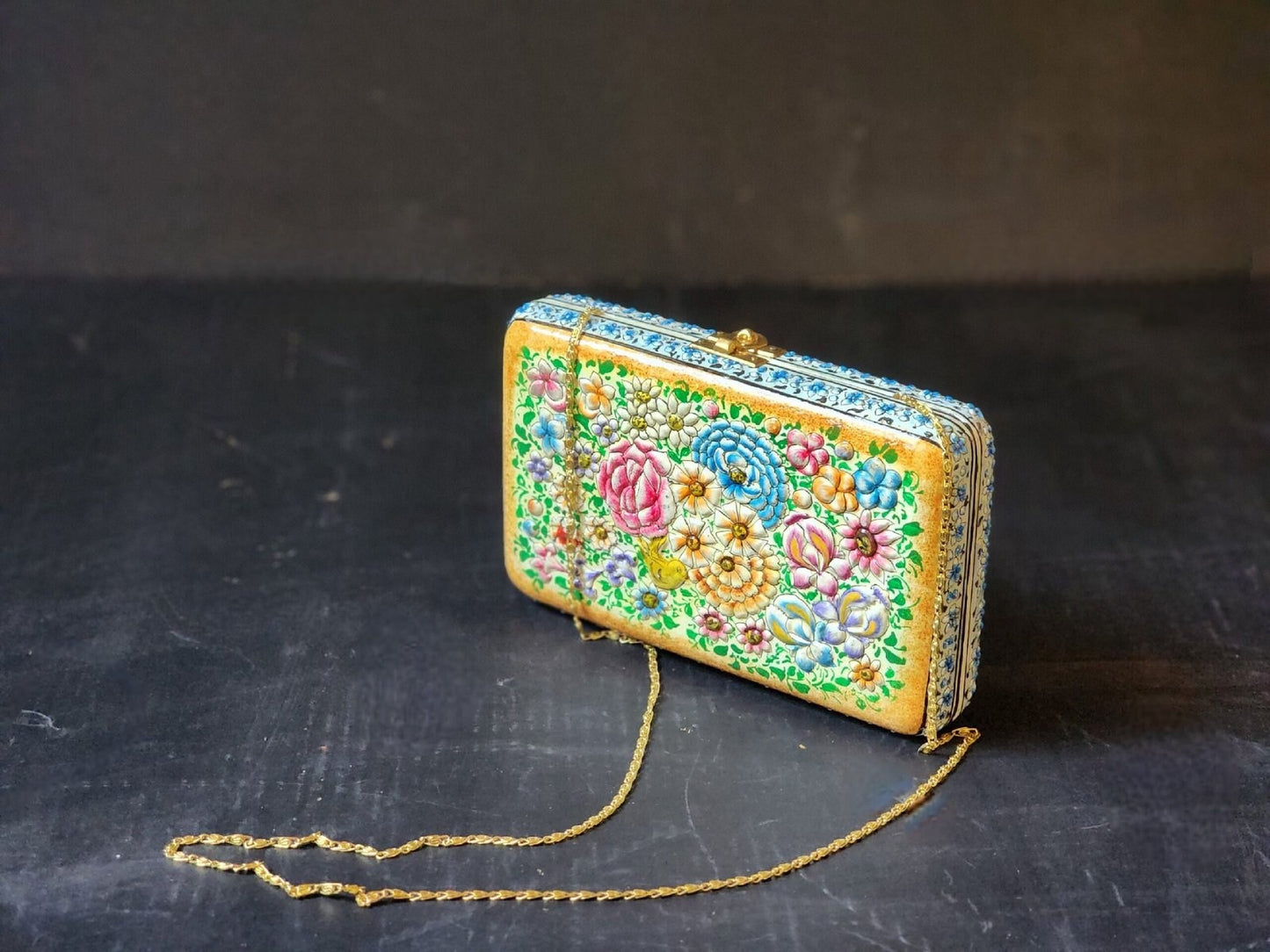 Clutch-Handcrafted in Kashmir-Paper Mache Clutch with Embossed Floral Lacquered Art-8 inch