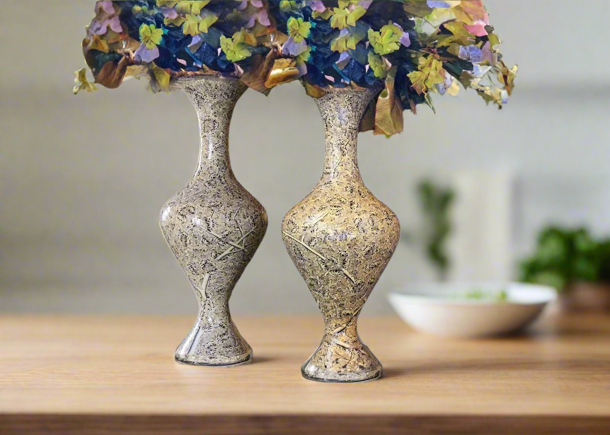 Handmade Paper Mache Flower Vases Set with Gold Painted Finish (Sold as a Pair)