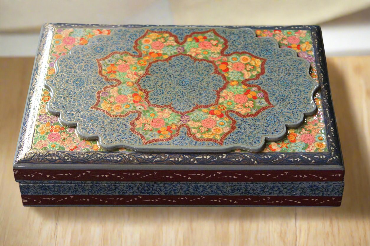 Real Gold Hazara Floral Art Lacquer Box - 10'' x 7'' x 2'' - Handcrafted Paper Mache from Kashmir