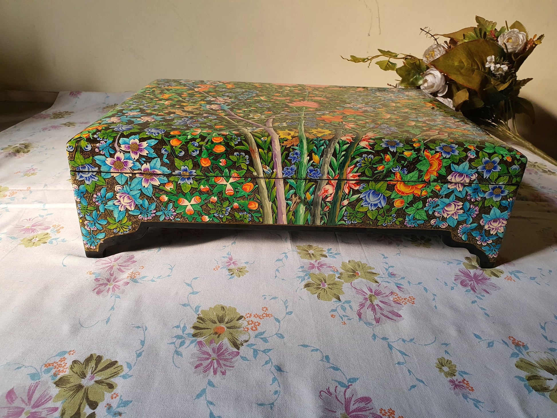 Hand-Painted Kashmiri-Style Wooden Jewelry Box with Velvet Lining