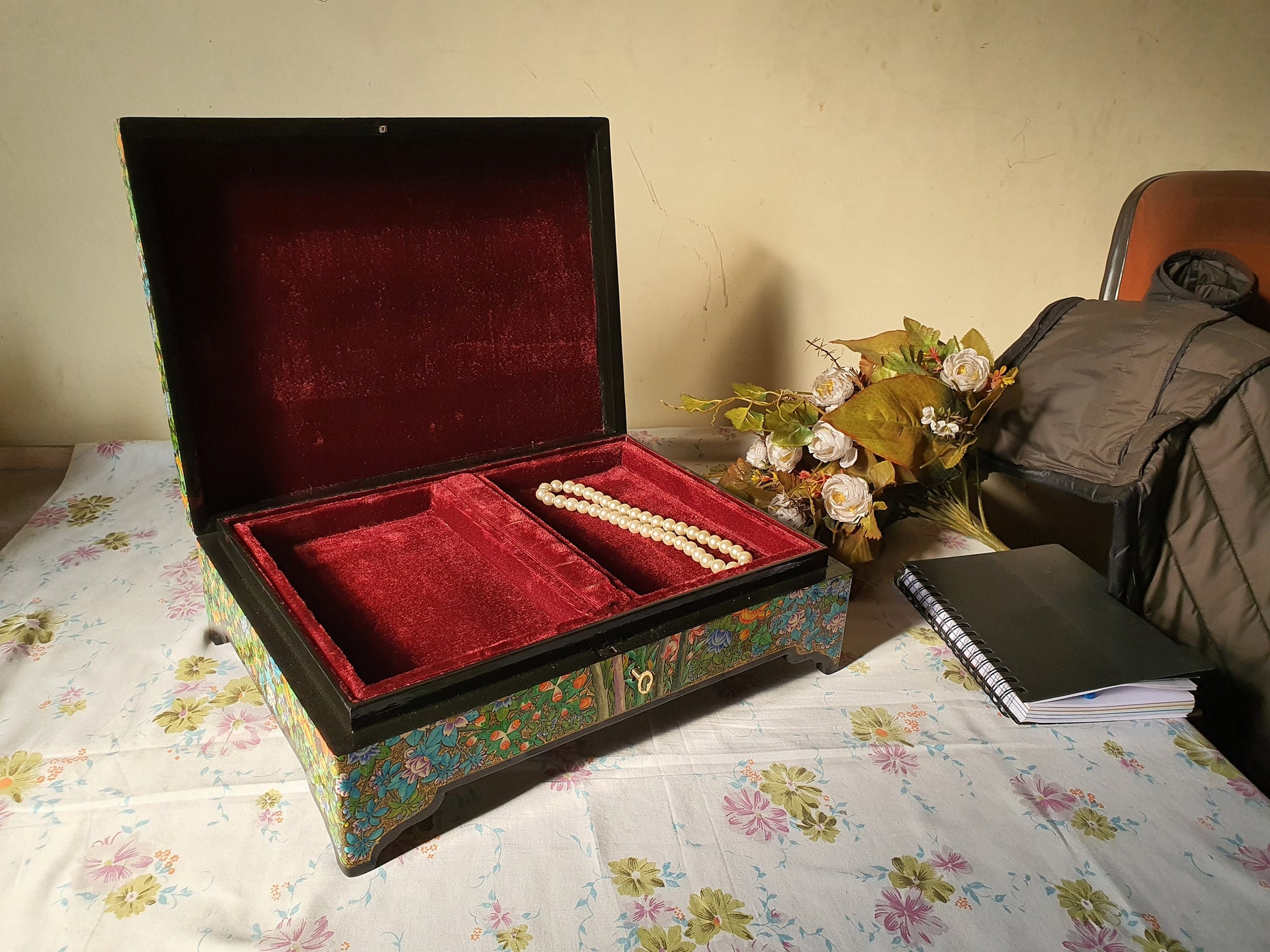 Hand-Painted Kashmiri-Style Wooden Jewelry Box with Velvet Lining