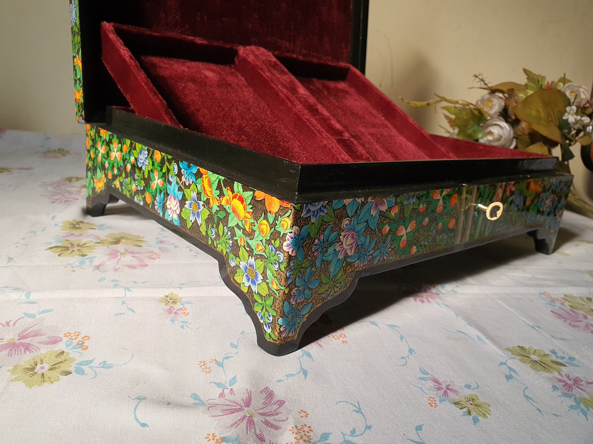 Hand-Painted Kashmiri-Style Wooden Jewelry Box with Velvet Lining