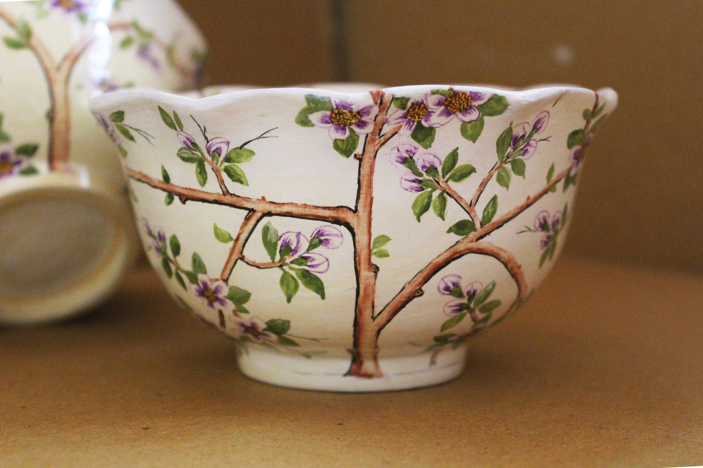 Handmade Paper Mache Art Serving Bowl Set - Purple Flora Design