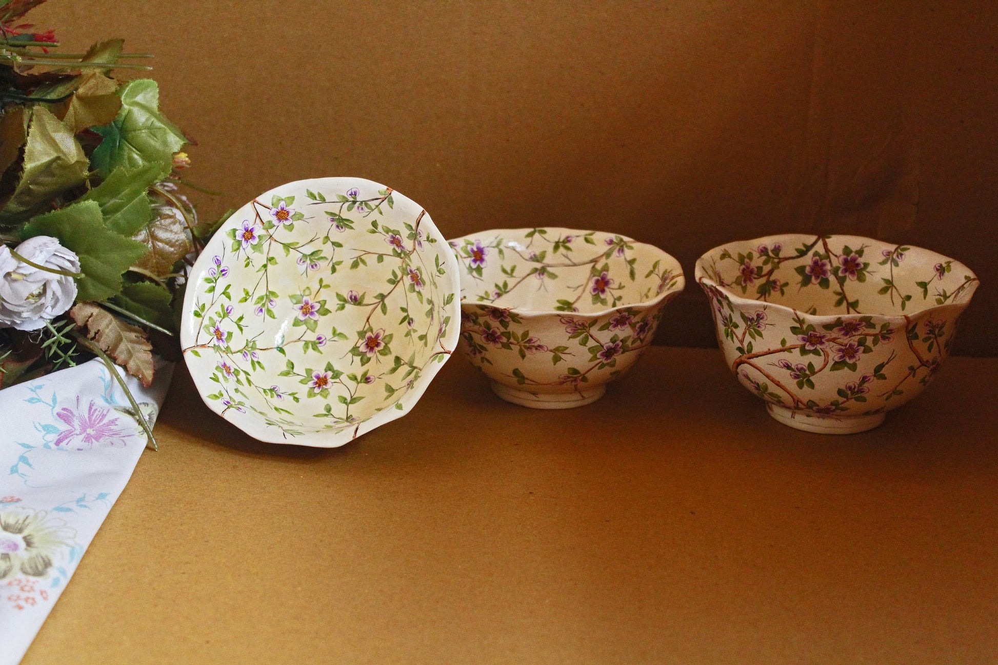 Handmade Paper Mache Art Serving Bowl Set - Purple Flora Design