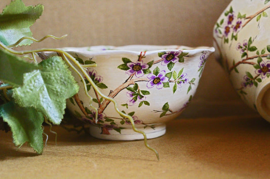 Handmade Paper Mache Art Serving Bowl Set - Purple Flora Design