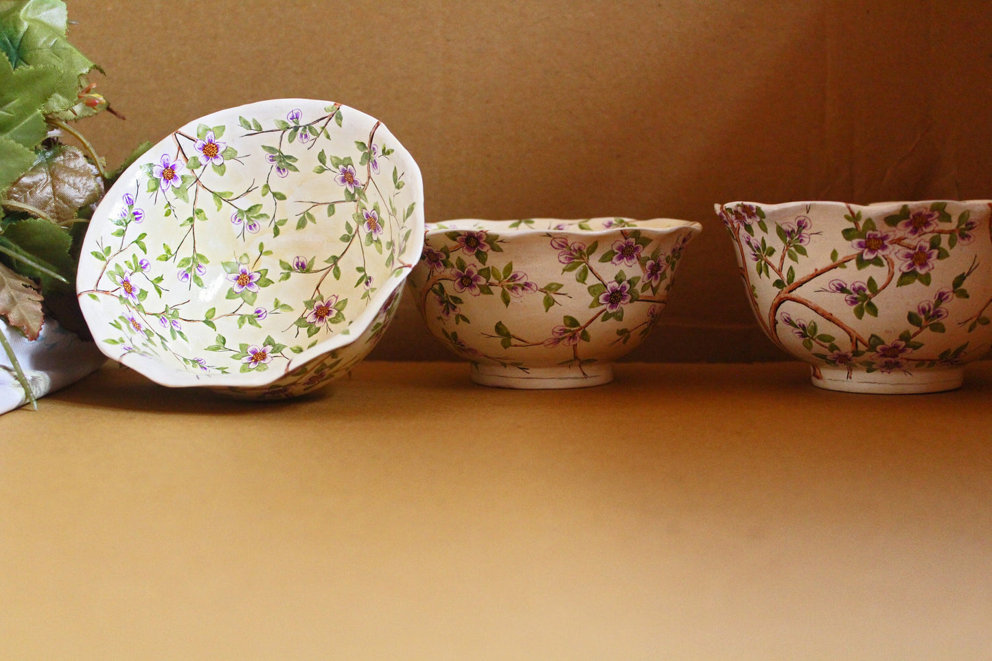 Handmade Paper Mache Art Serving Bowl Set - Purple Flora Design