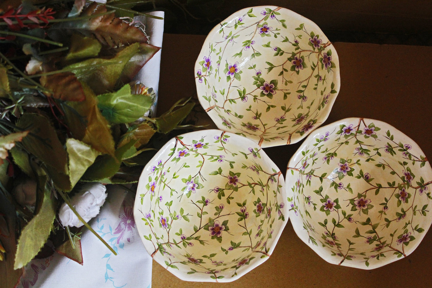 Handmade Paper Mache Art Serving Bowl Set - Purple Flora Design