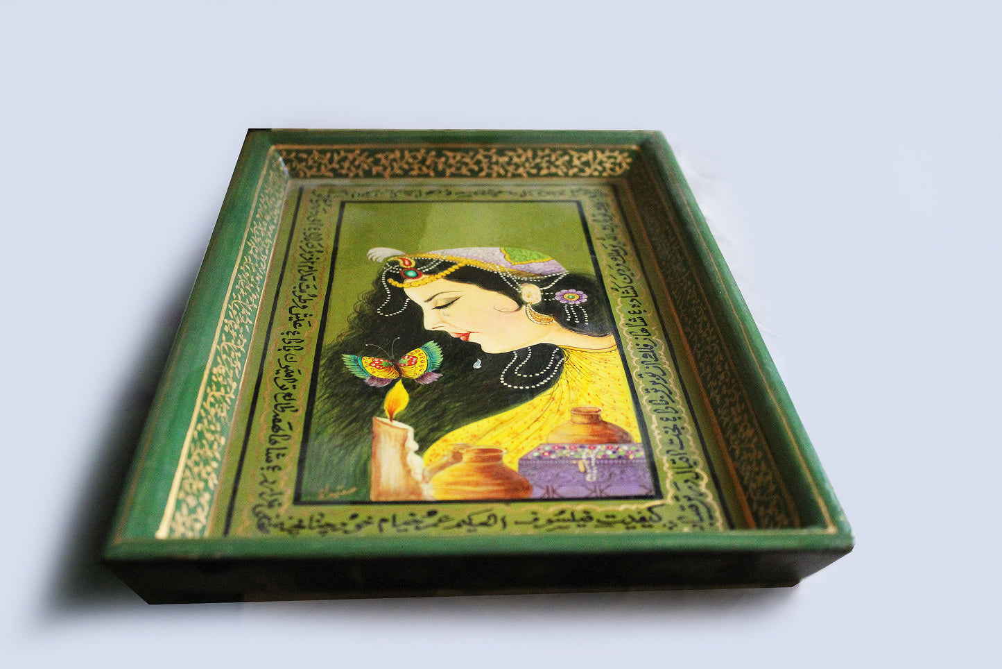 Paper Mache Tray with Mughal Miniature Paintings 34 cm x 21 cm-Hand-Painted Kashmir