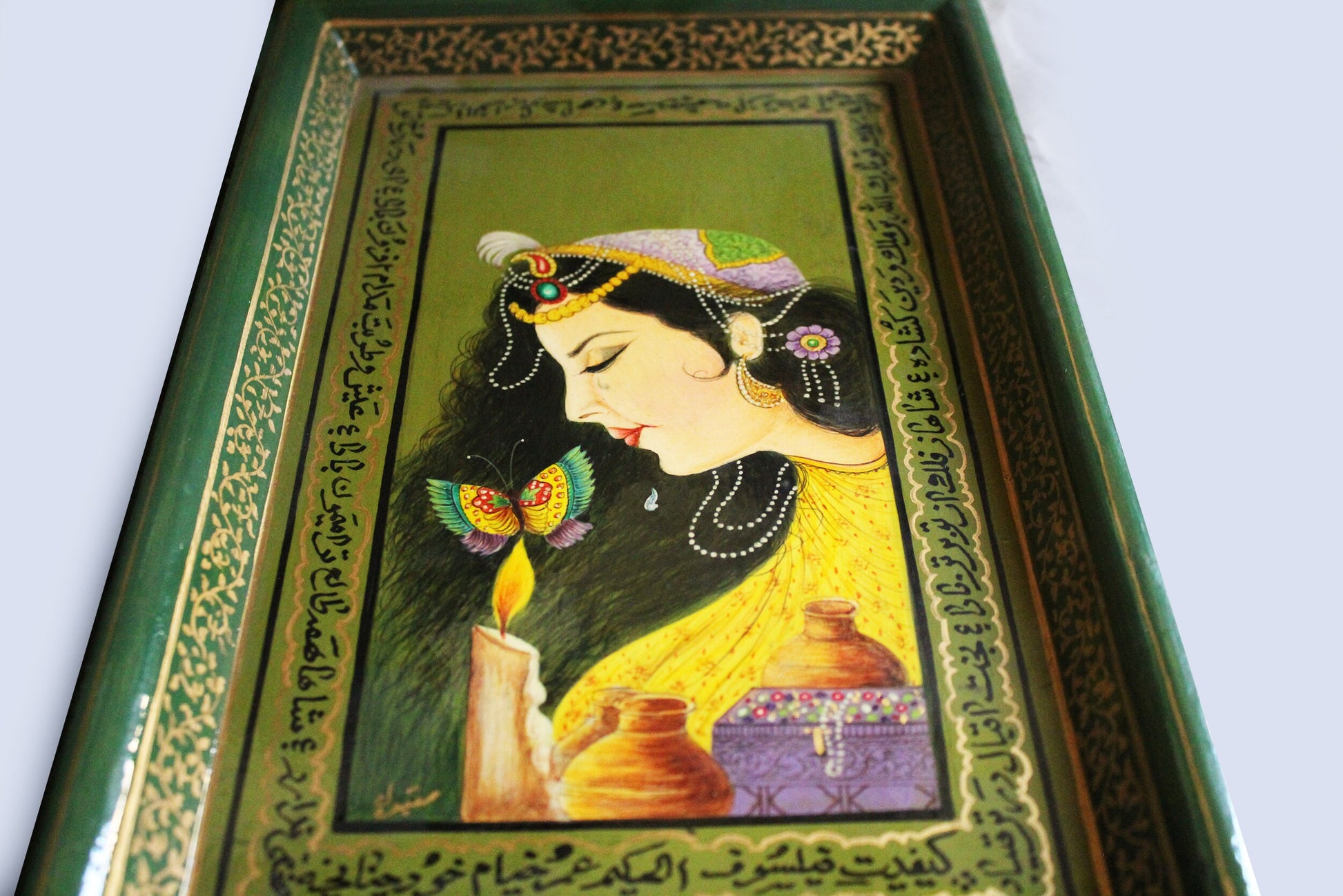 Paper Mache Tray with Mughal Miniature Paintings 34 cm x 21 cm-Hand-Painted Kashmir