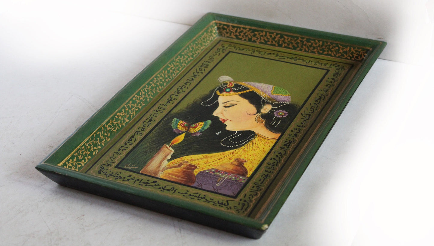 Paper Mache Tray with Mughal Miniature Paintings 34 cm x 21 cm-Hand-Painted Kashmir