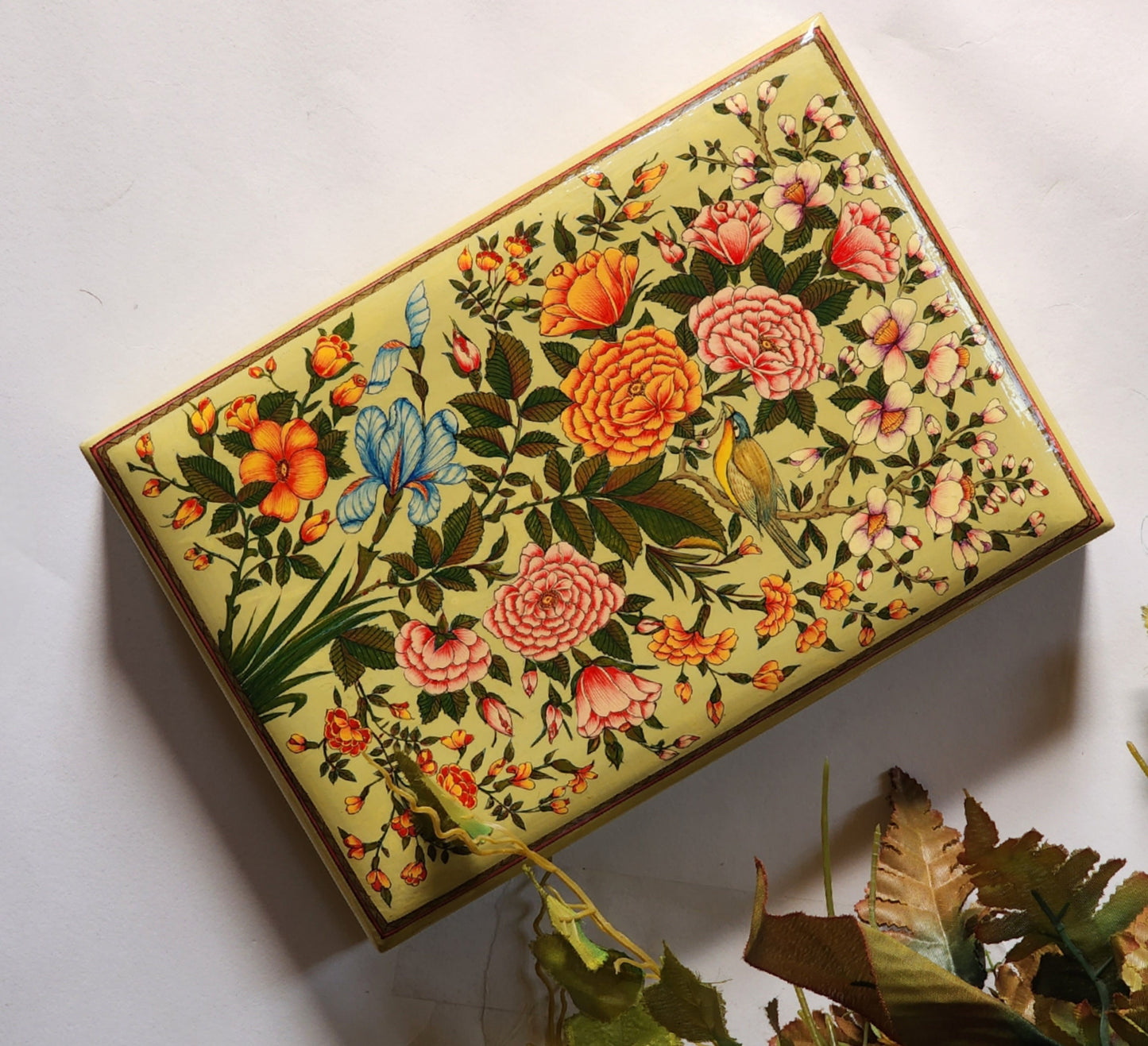 Hand-Painted Floral Paper Mache Engagement Gift Boxes Collection-Jewelry storage box painted in mid century modern yellow