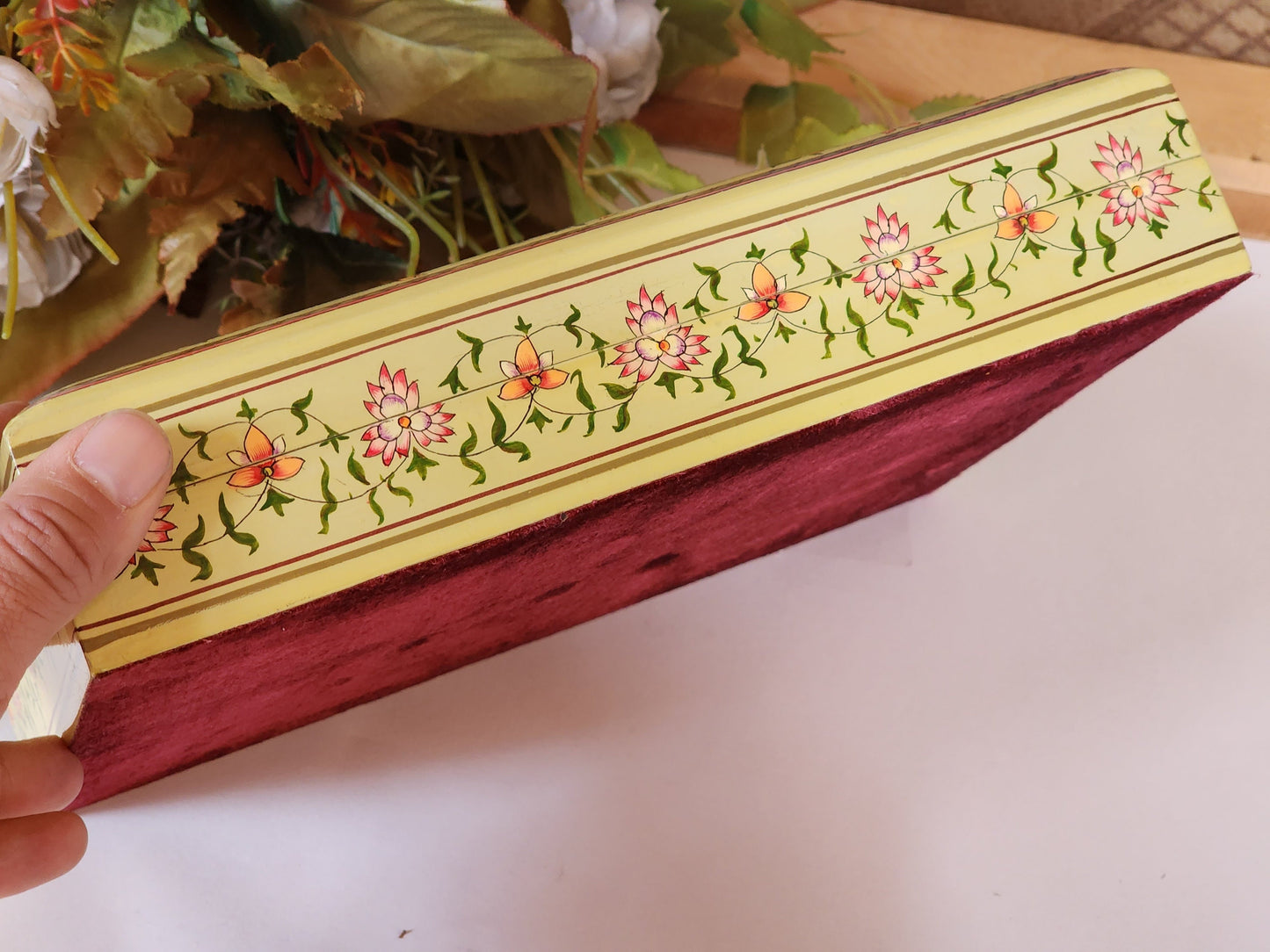 Hand-Painted Floral Paper Mache Engagement Gift Boxes Collection-Jewelry storage box painted in mid century modern yellow