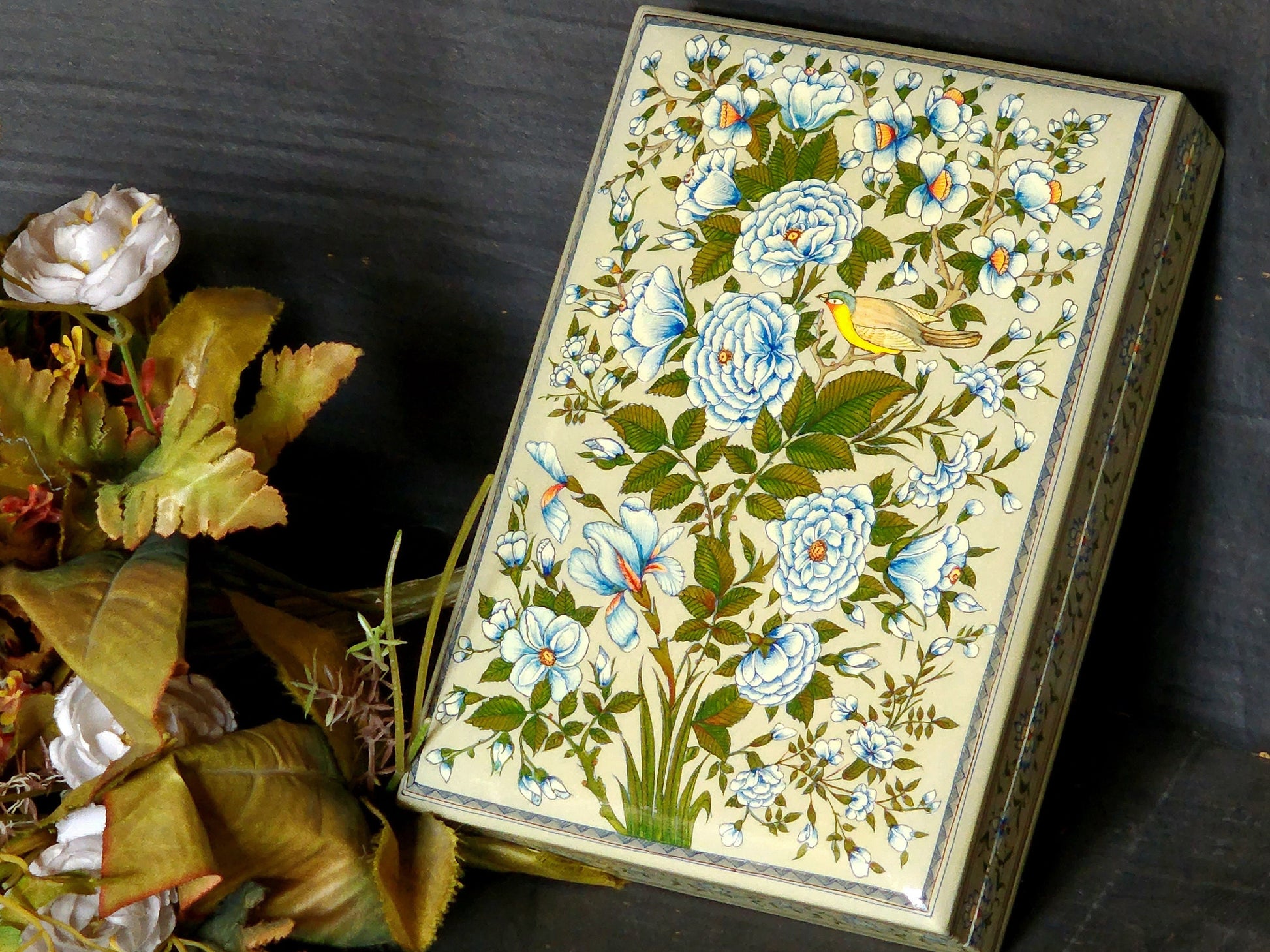 Mughal Art Floral and Bird Lacquered Jewelry Box - Perfect for Holiday Decor and Gifting.