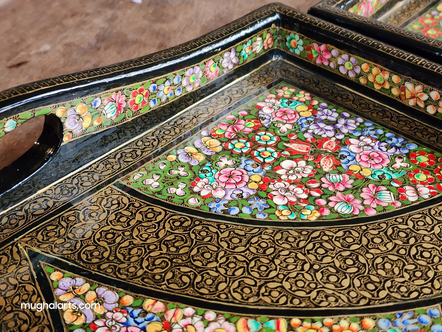 Handcrafted Wooden Serving Tray Set with Kashmiri Paper Mache Artwork 2 Pieces Set, Larger Piece 40cm x 30cm