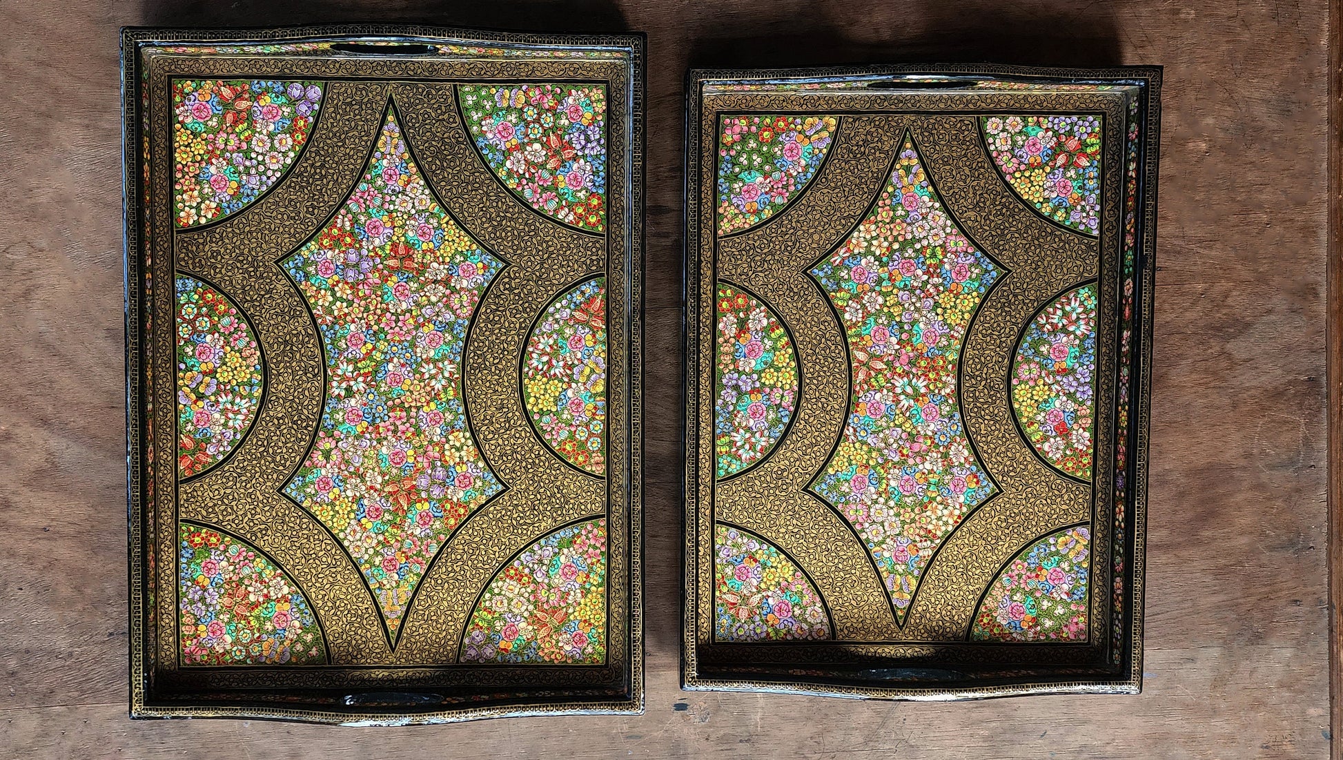 Handcrafted Wooden Serving Tray Set with Kashmiri Paper Mache Artwork 2 Pieces Set, Larger Piece 40cm x 30cm