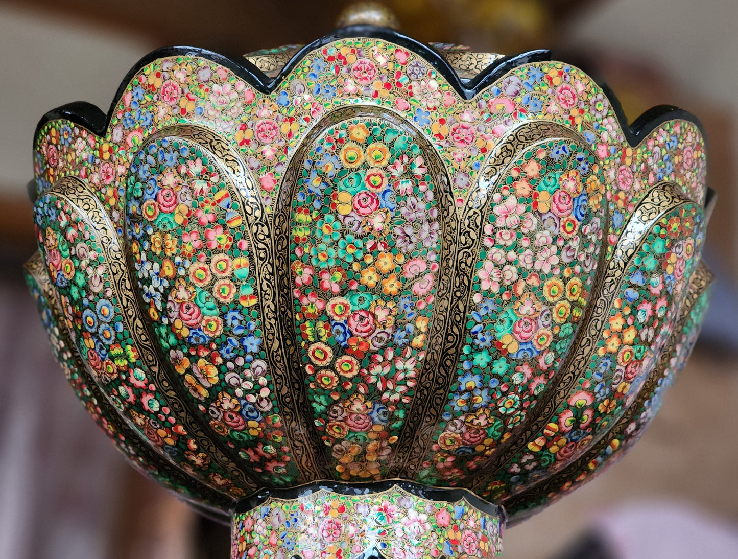 Rotating Bowl: Handcrafted Floral Paper Mache Home decor from Kashmir.