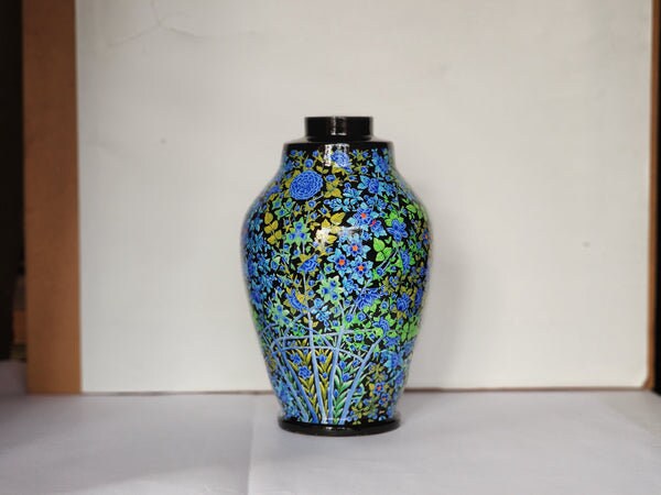 Handmade Blue Gold Floral Lamp Base - Kashmiri Paper Mache Mid Century Lamp