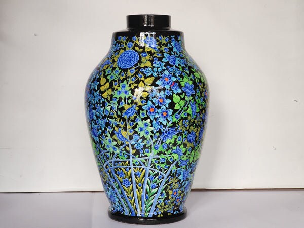 Handmade Blue Gold Floral Lamp Base - Kashmiri Paper Mache Mid Century Lamp