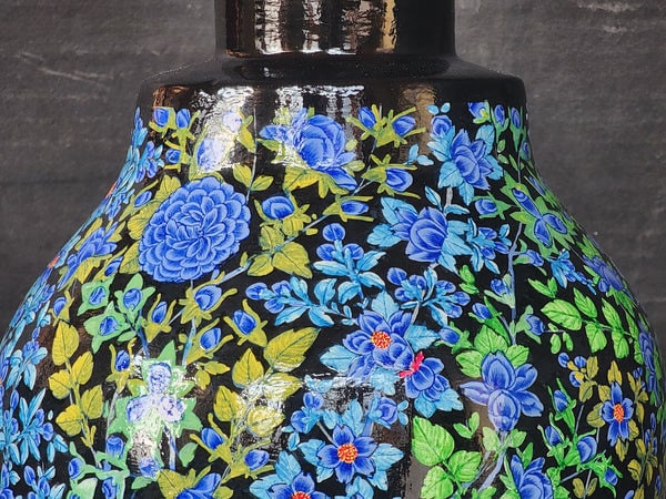 Handmade Blue Gold Floral Lamp Base - Kashmiri Paper Mache Mid Century Lamp