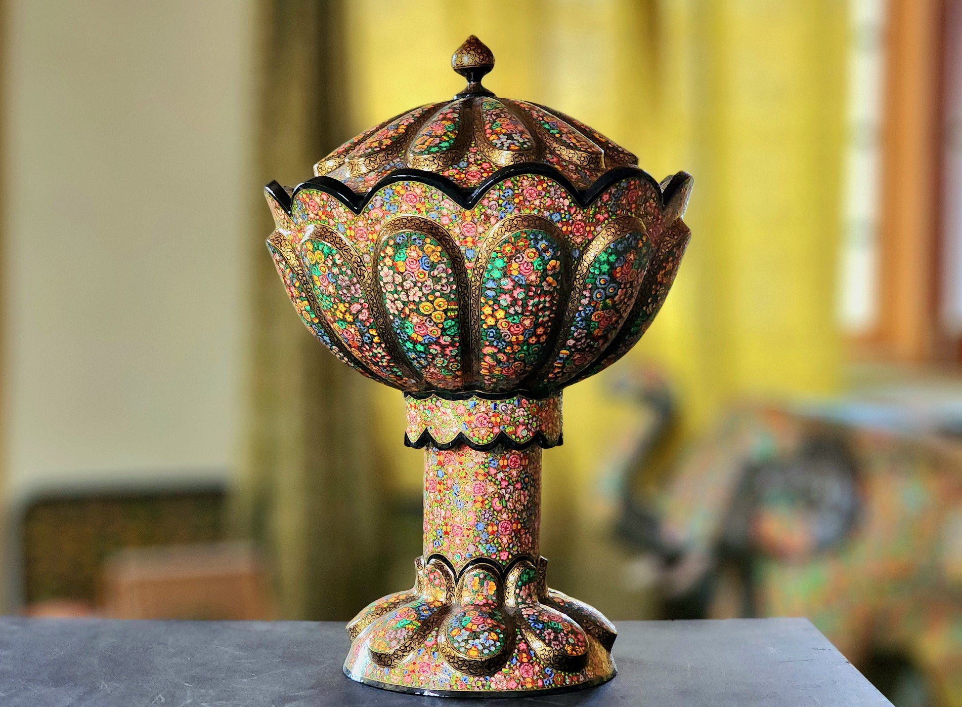 Rotating Bowl: Handcrafted Floral Paper Mache Home decor from Kashmir.