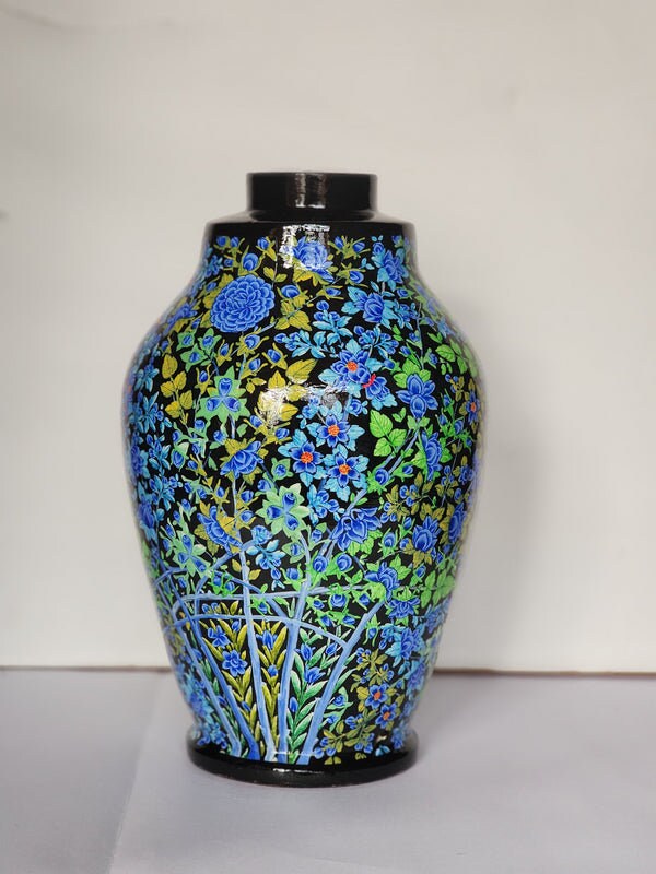 Handmade Blue Gold Floral Lamp Base - Kashmiri Paper Mache Mid Century Lamp