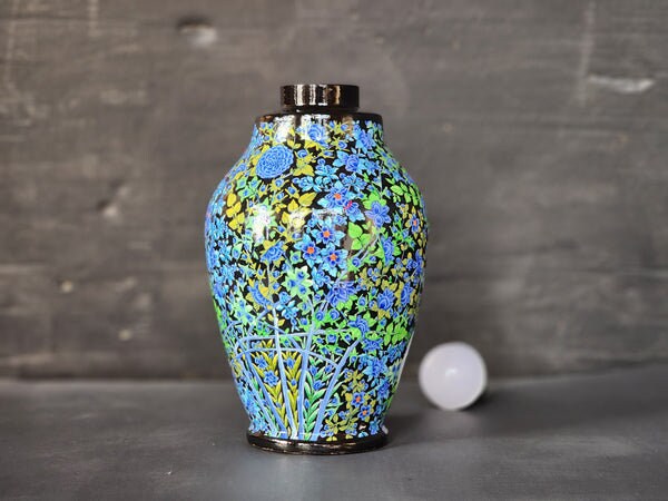 Handmade Blue Gold Floral Lamp Base - Kashmiri Paper Mache Mid Century Lamp