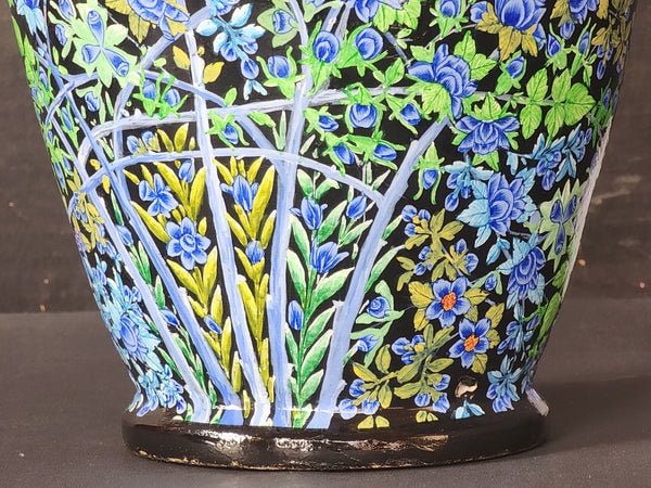 Handmade Blue Gold Floral Lamp Base - Kashmiri Paper Mache Mid Century Lamp