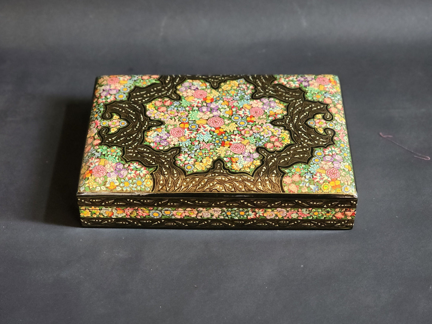 Intricate golden floral Hazara box-Handcrafted Keepsake Box from Kashmir.