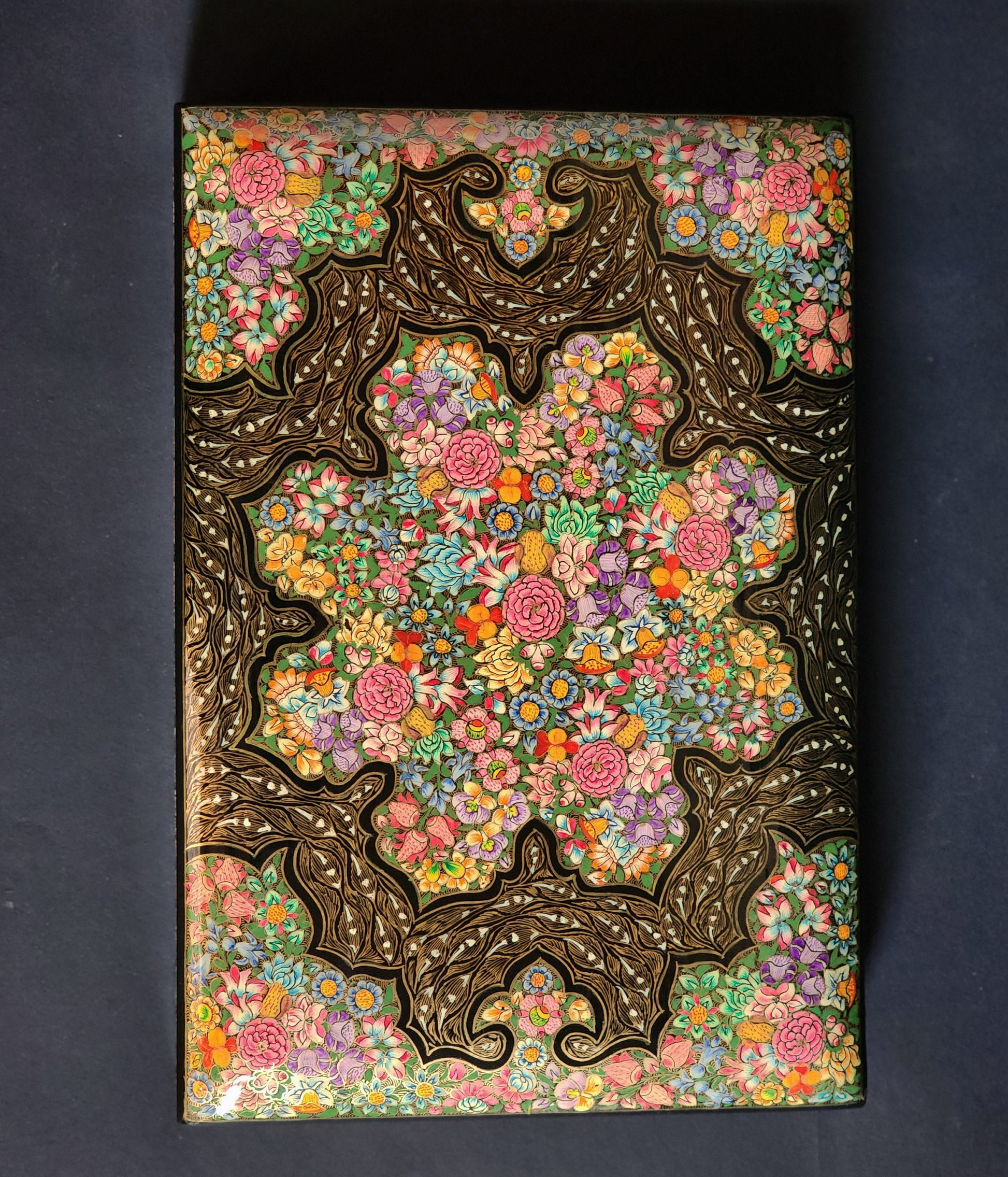 Intricate golden floral Hazara box-Handcrafted Keepsake Box from Kashmir.