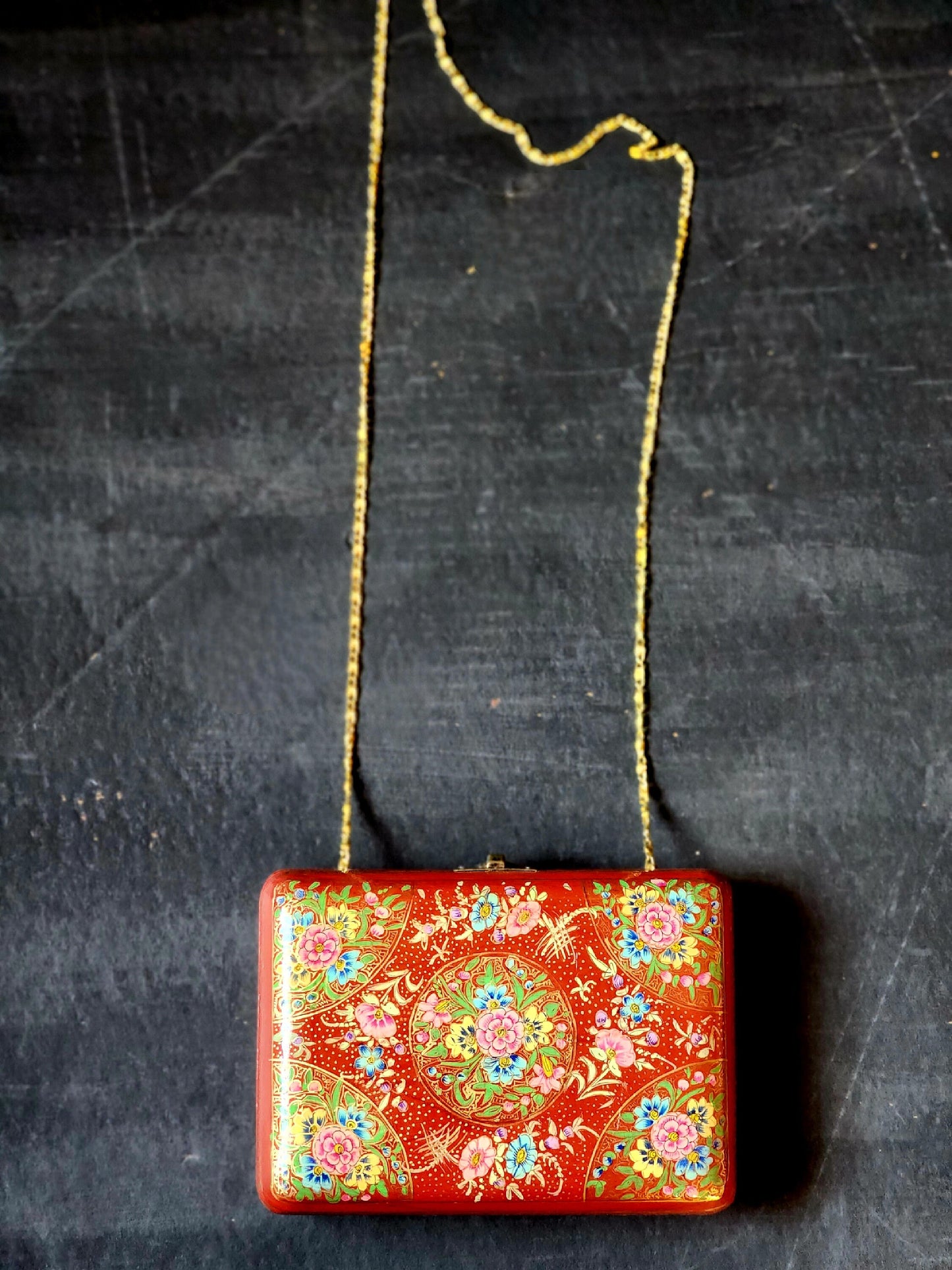 Kashmir Papier Mache Clutch with Red base and Hazara Floral Lacquered design