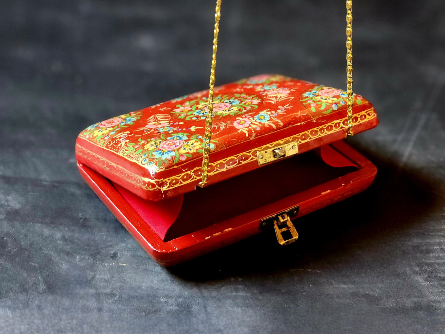 Kashmir Papier Mache Clutch with Red base and Hazara Floral Lacquered design