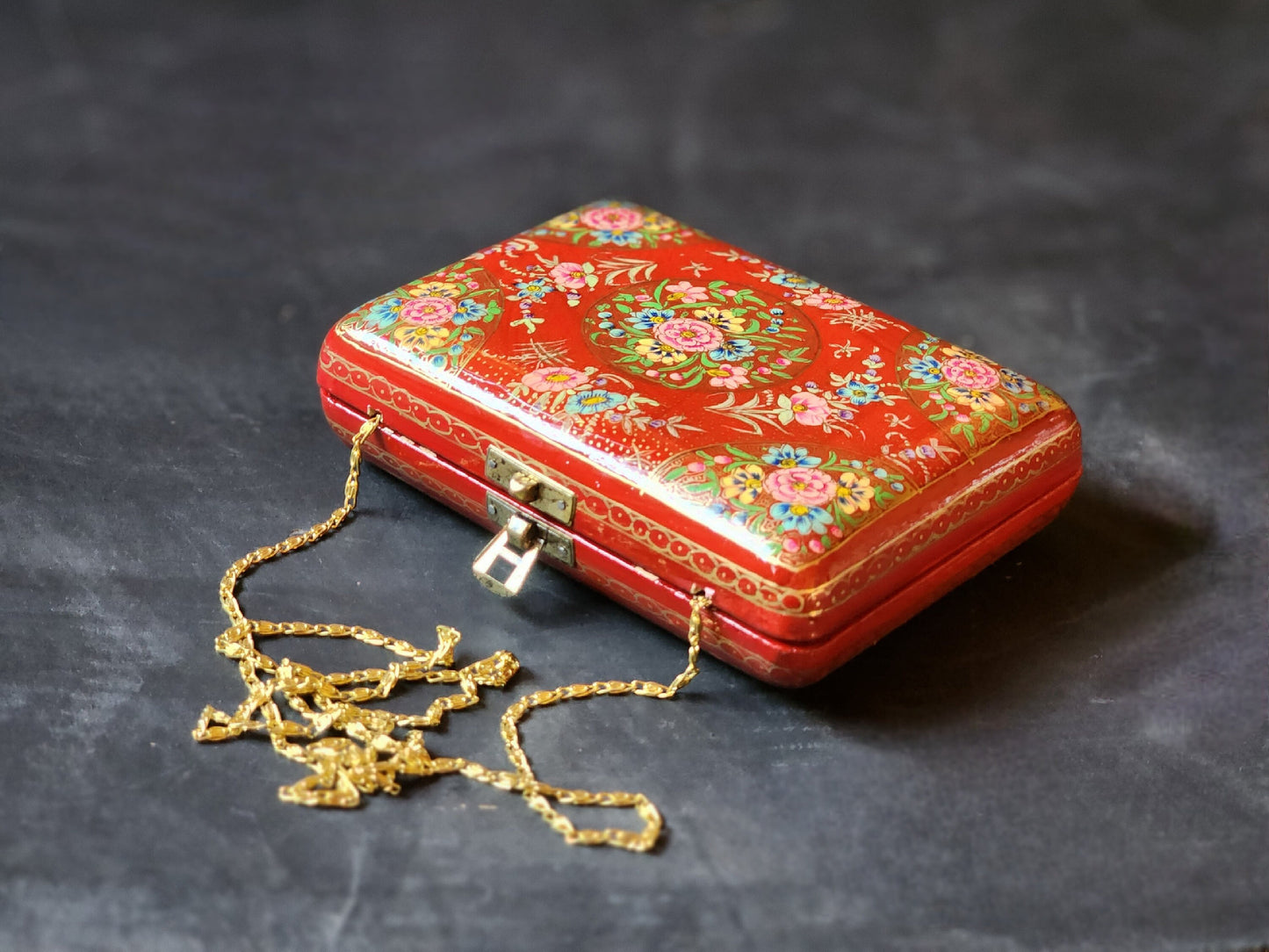 Kashmir Papier Mache Clutch with Red base and Hazara Floral Lacquered design