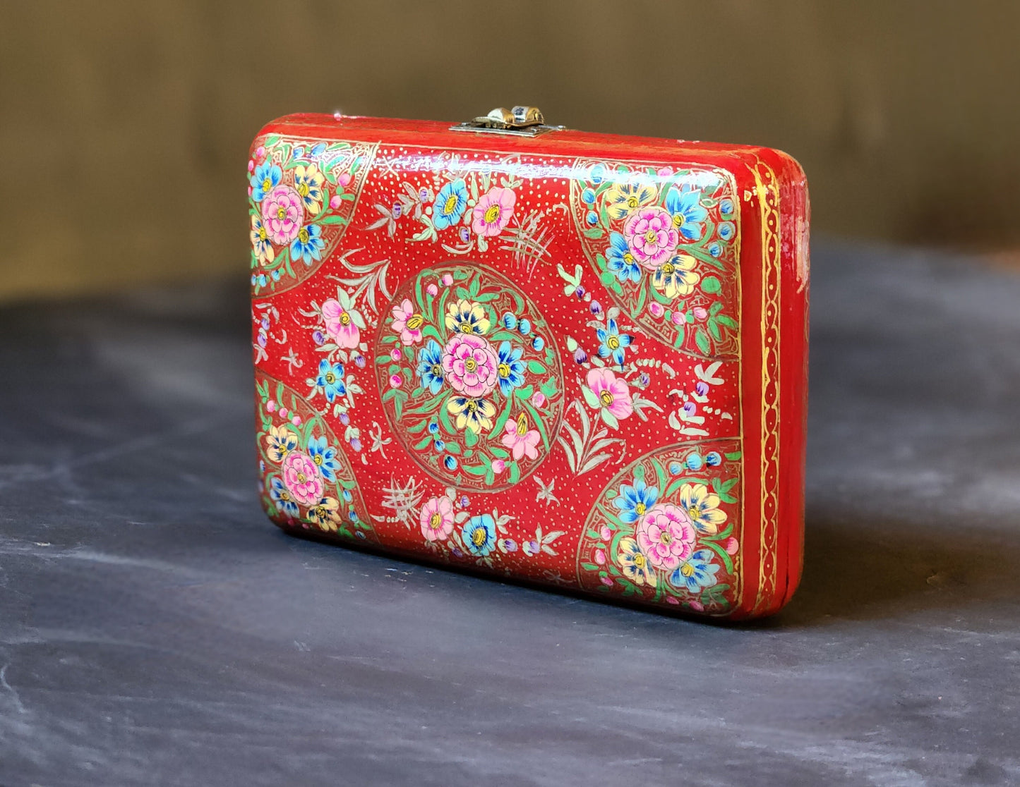 Kashmir Papier Mache Clutch with Red base and Hazara Floral Lacquered design