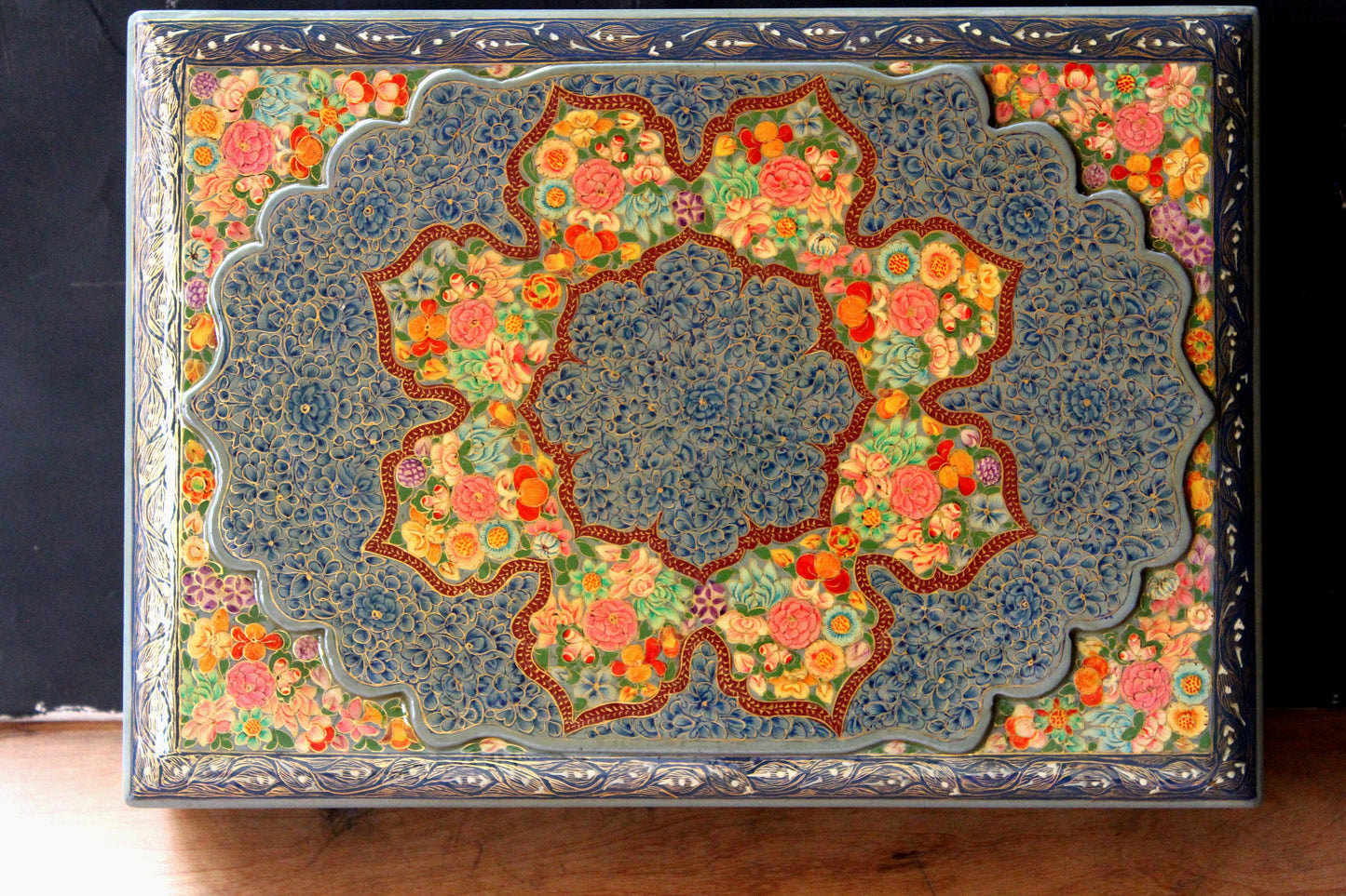 Real Gold Hazara Floral Art Lacquer Box - 10'' x 7'' x 2'' - Handcrafted Paper Mache from Kashmir