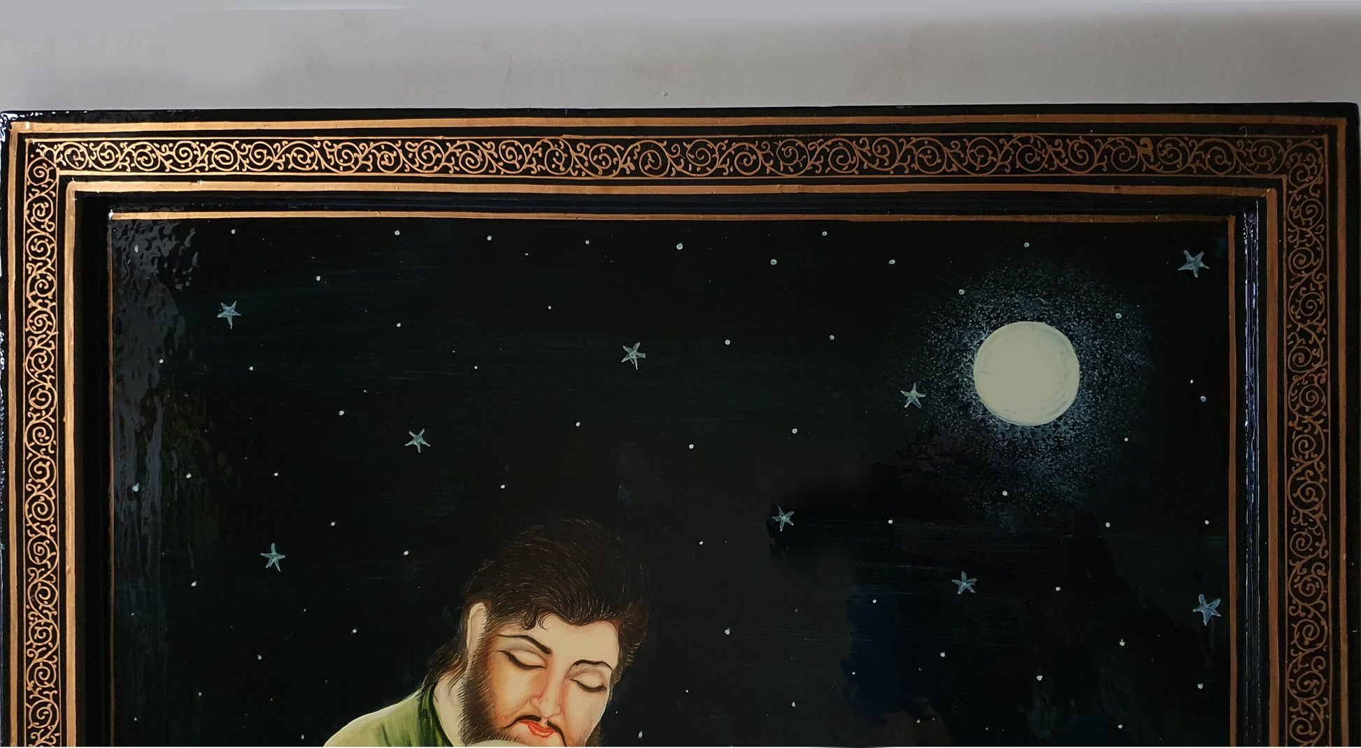 Antique Omar Khayam Nighttime Garden Painting on Wood - Kashmiri Artistry.