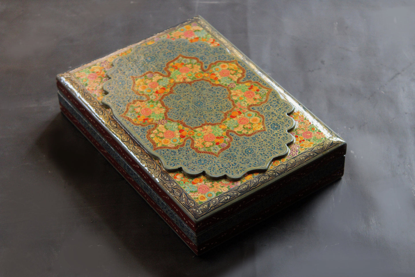 Real Gold Hazara Floral Art Lacquer Box - 10'' x 7'' x 2'' - Handcrafted Paper Mache from Kashmir