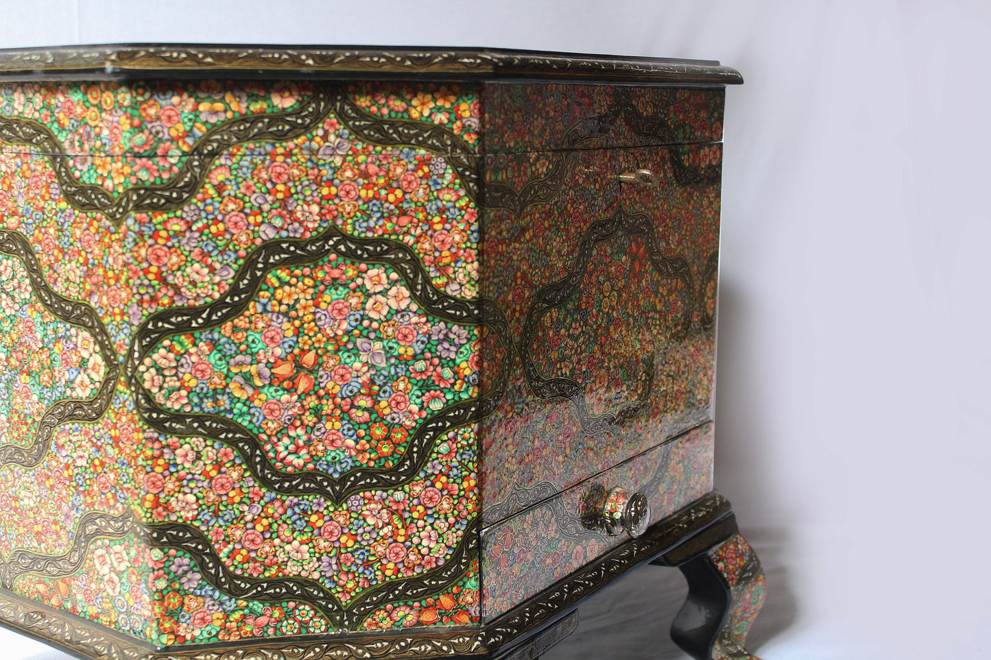 Jewelry trunk, handmade table desk with real gold art, a perfect bedroom piece-