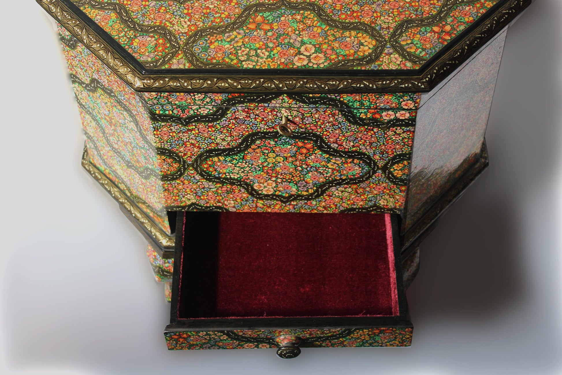 Jewelry trunk, handmade table desk with real gold art, a perfect bedroom piece-