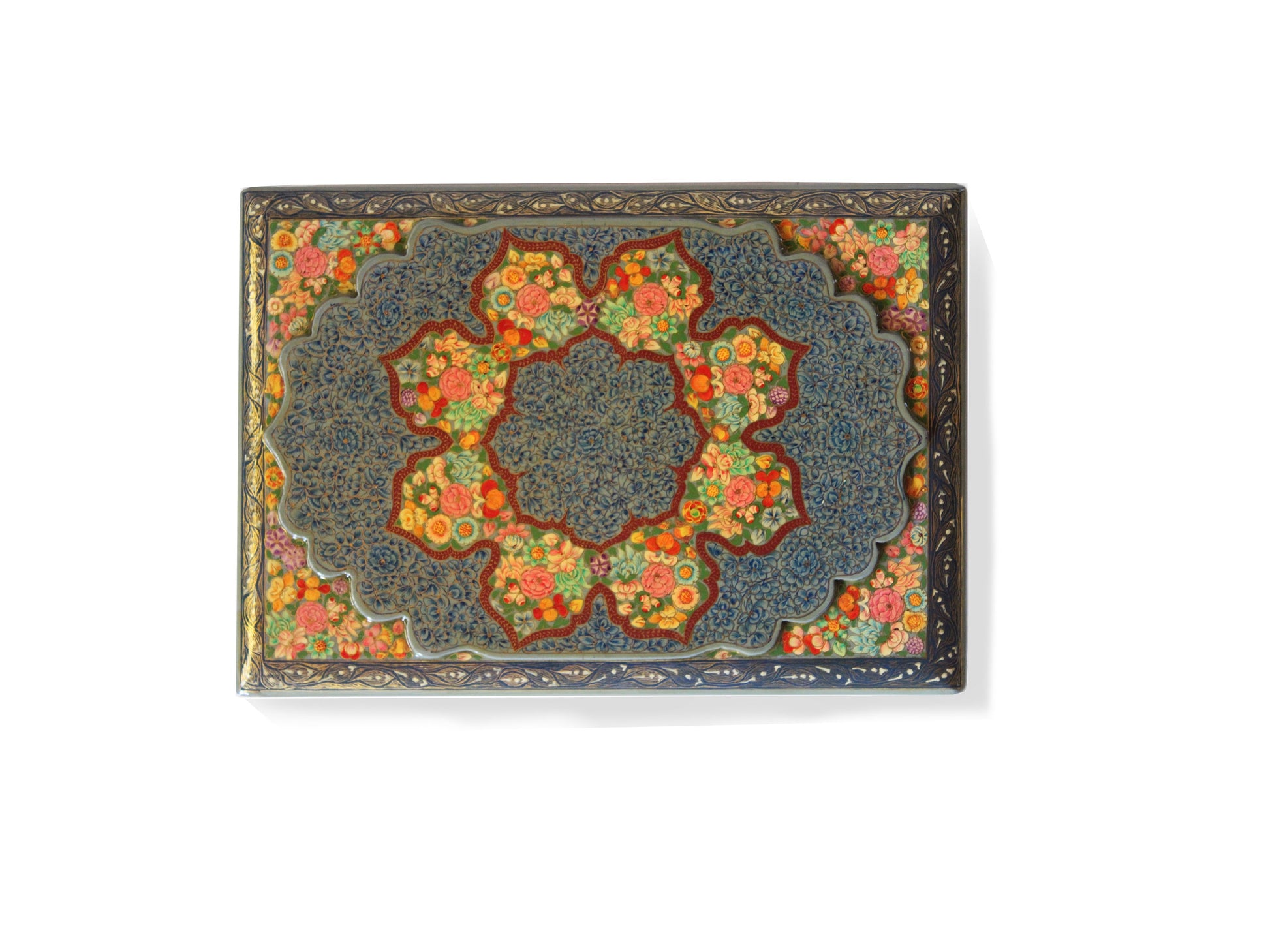 Real Gold Hazara Floral Art Lacquer Box - 10'' x 7'' x 2'' - Handcrafted Paper Mache from Kashmir