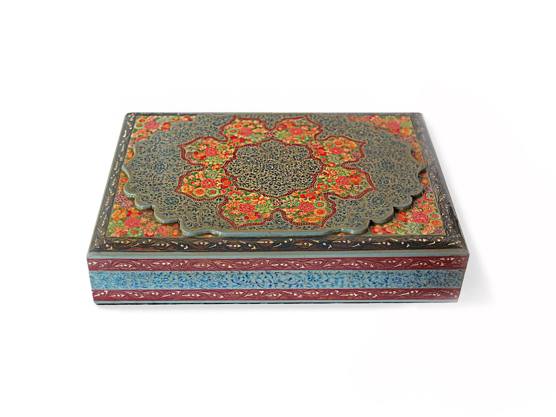 Real Gold Hazara Floral Art Lacquer Box - 10'' x 7'' x 2'' - Handcrafted Paper Mache from Kashmir