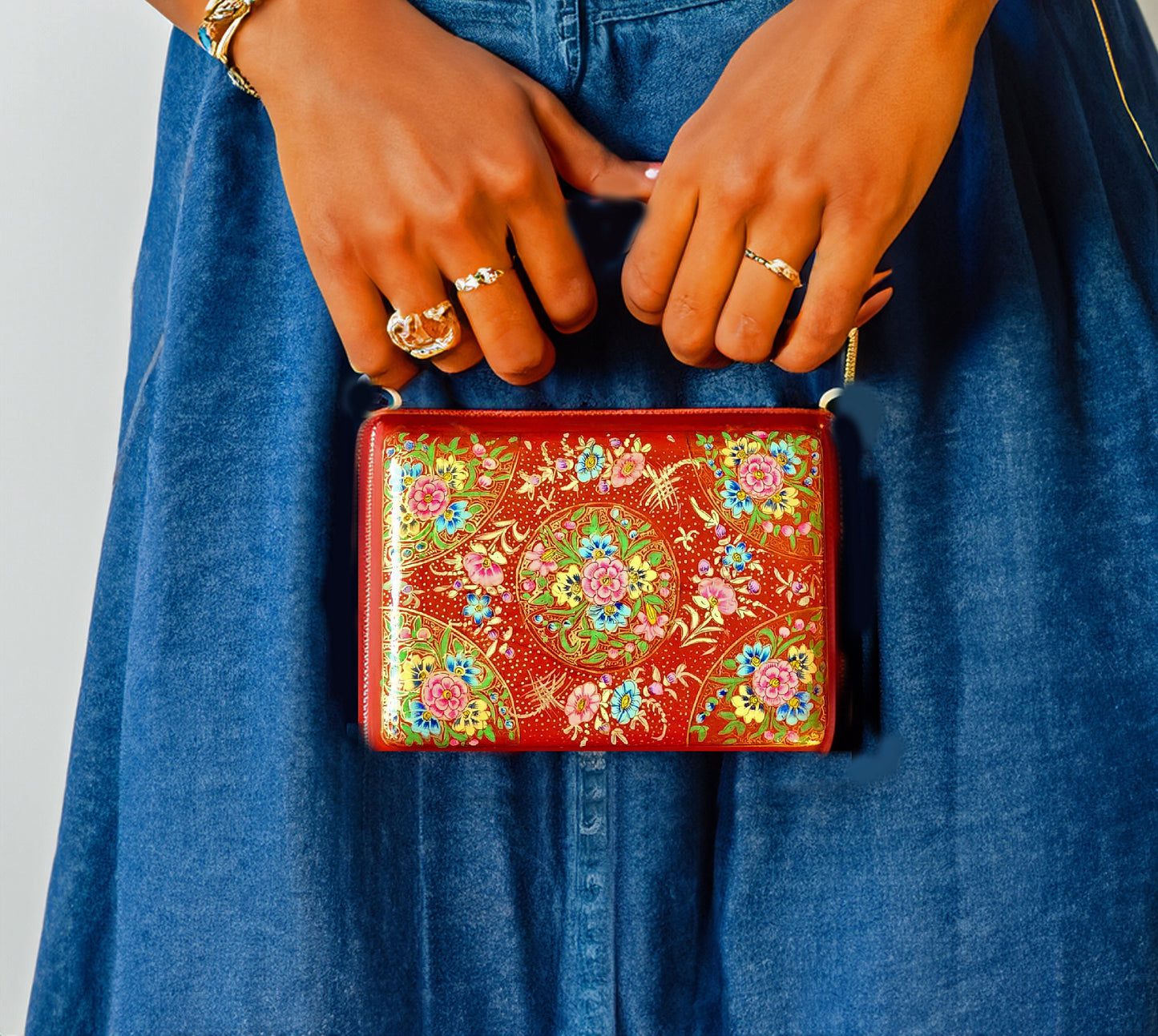 Kashmir Papier Mache Clutch with Red base and Hazara Floral Lacquered design