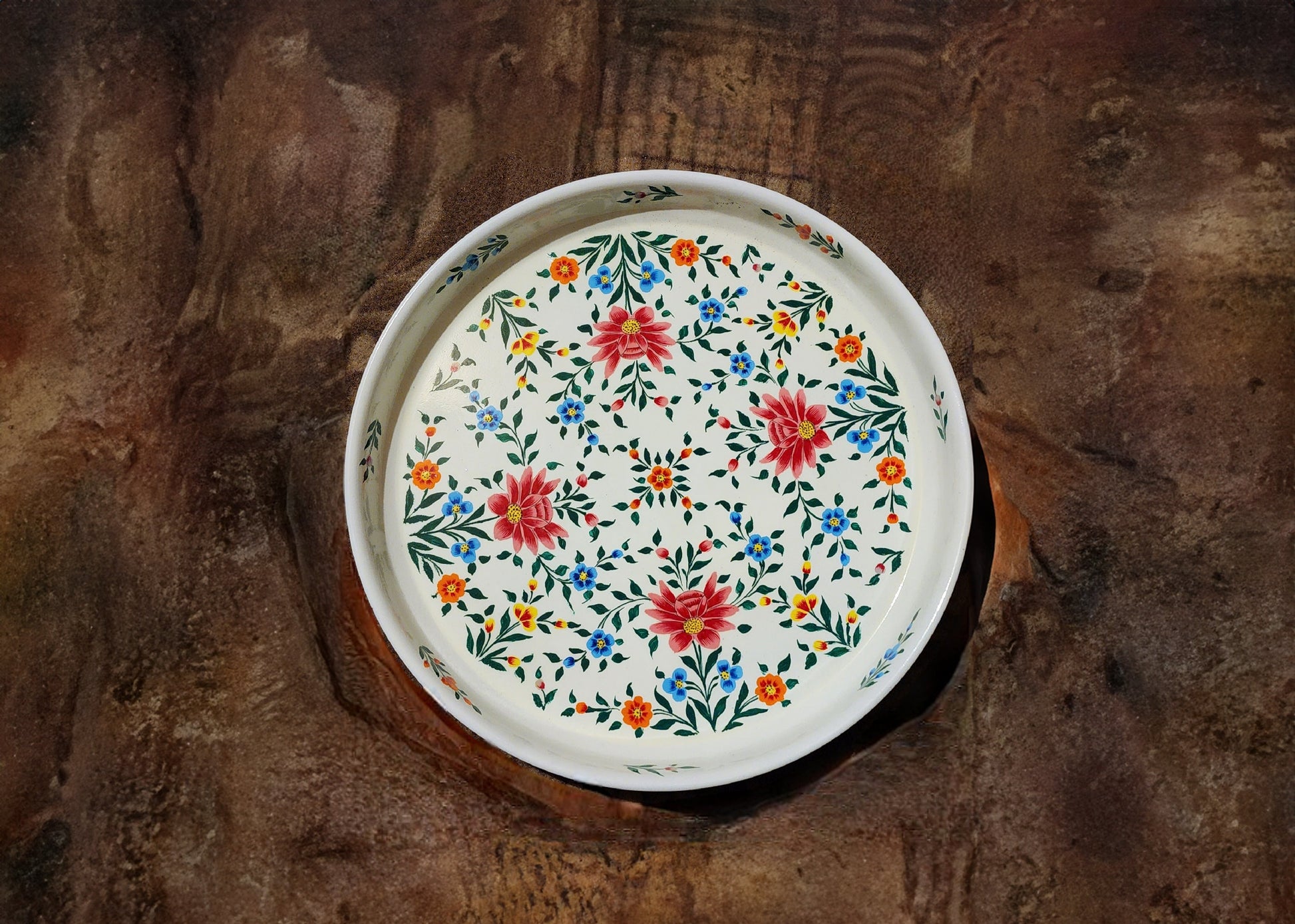 Painted Steel Enamelware Tray with Multicolored Foliage Art