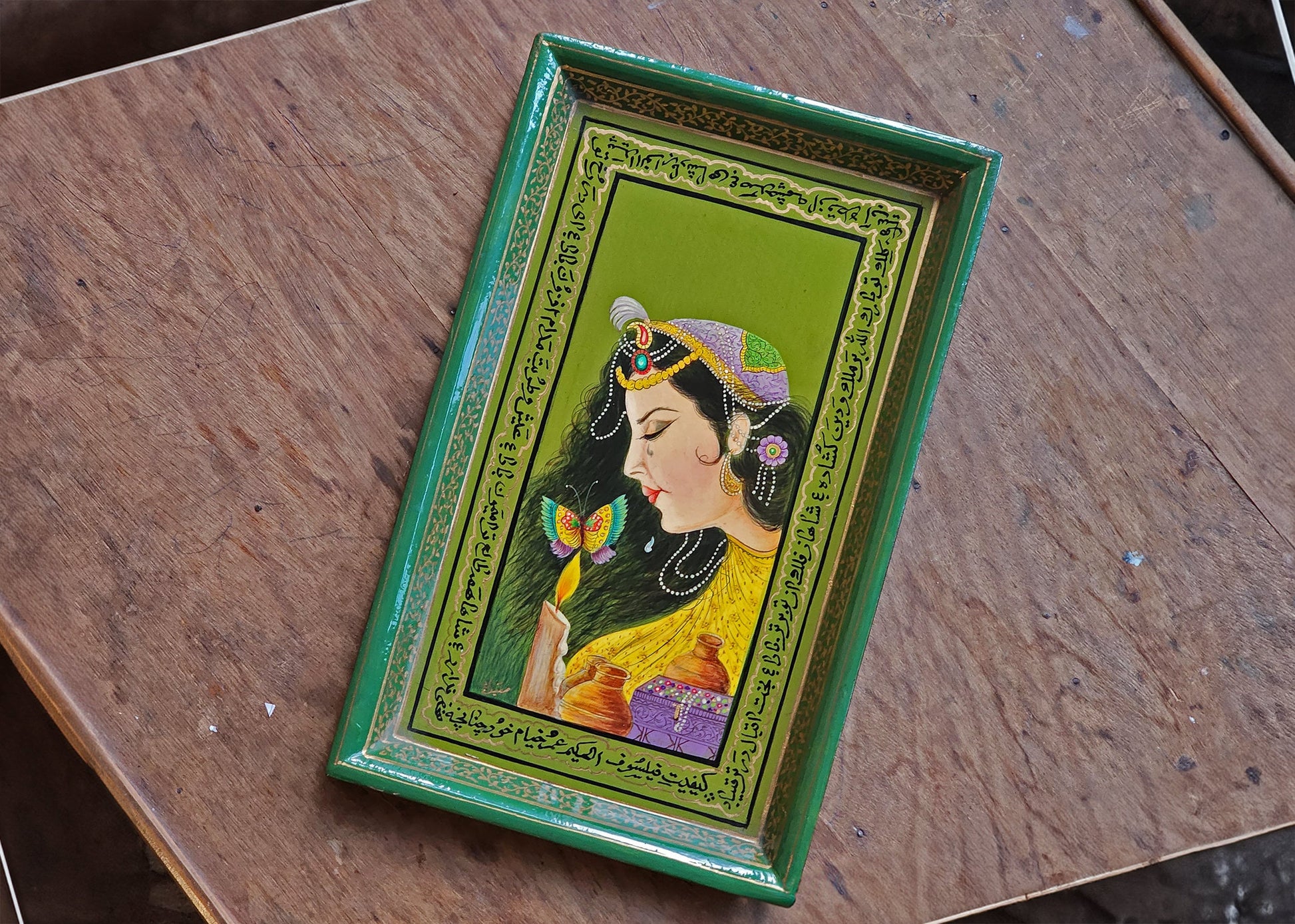 Paper Mache Tray with Mughal Miniature Paintings 34 cm x 21 cm-Hand-Painted Kashmir