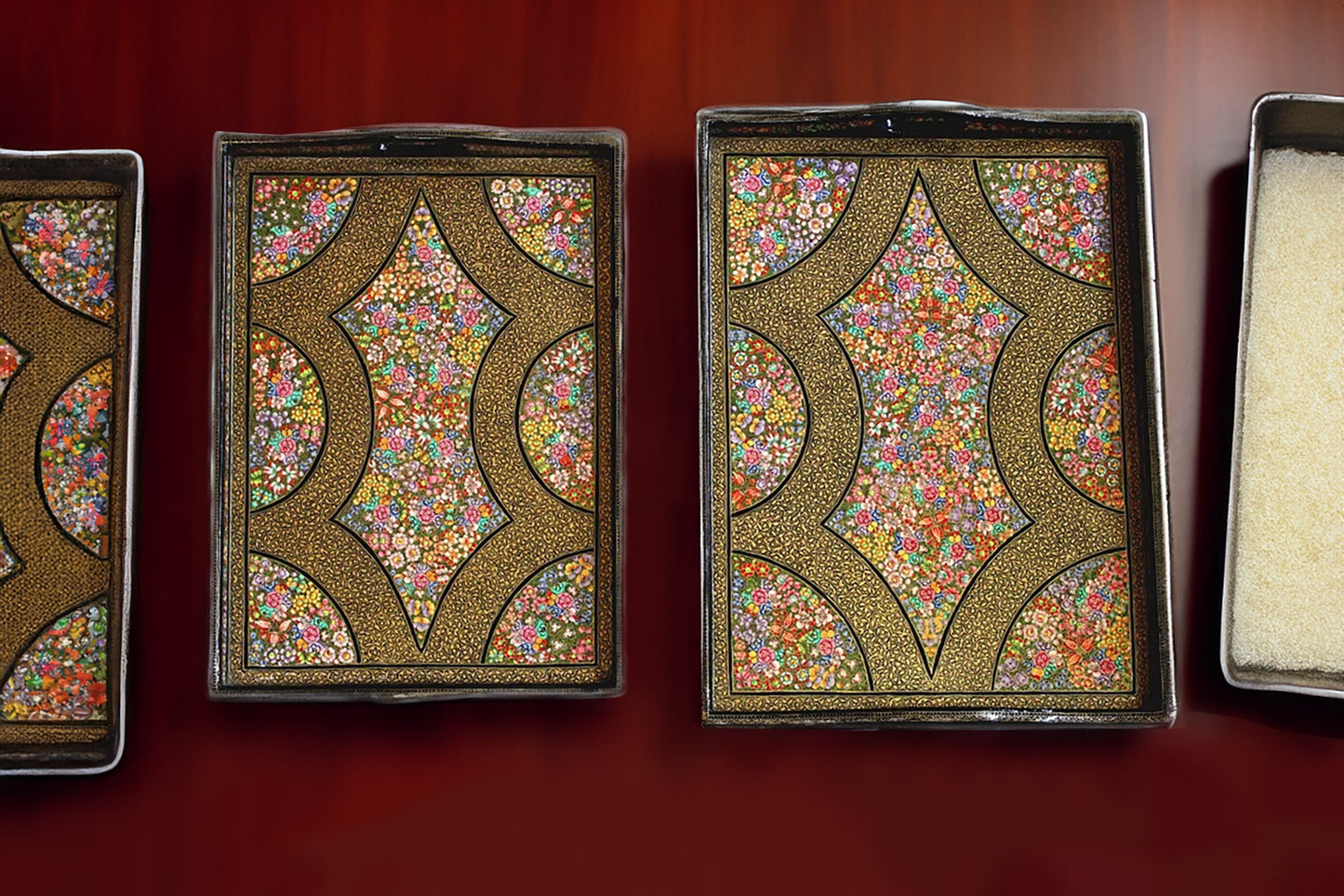 Handcrafted Wooden Serving Tray Set with Kashmiri Paper Mache Artwork 2 Pieces Set, Larger Piece 40cm x 30cm