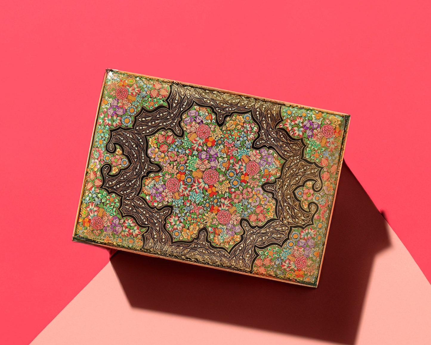 Intricate golden floral Hazara box-Handcrafted Keepsake Box from Kashmir.