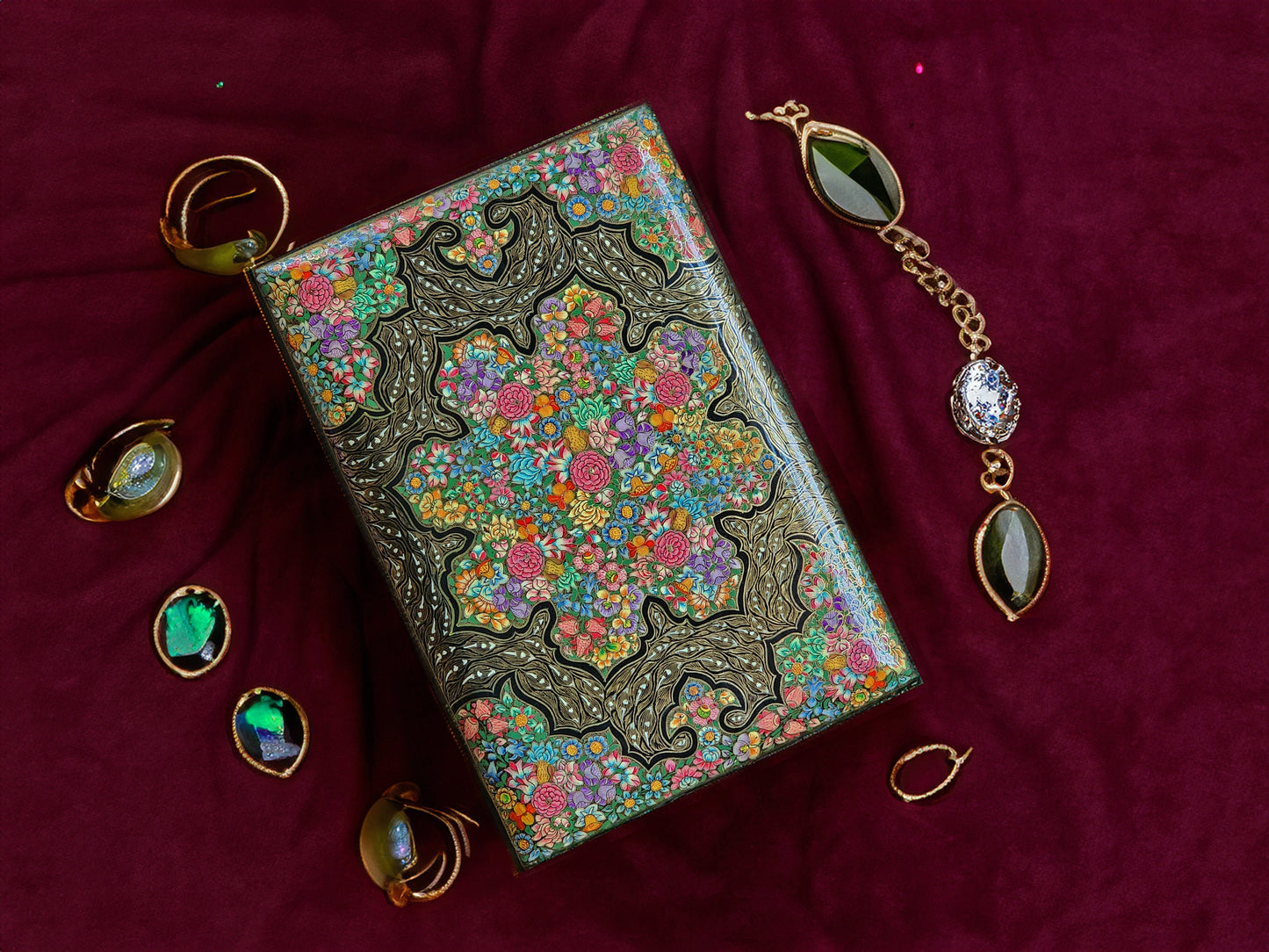 Intricate golden floral Hazara box-Handcrafted Keepsake Box from Kashmir.